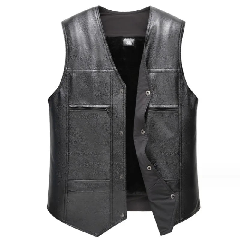 2026 Autumn Winter Men Leather Vest Fleece Lining Warm Waistcoat Fashion V-neck Sleeveless Vest Jacket Handsome Motorcycle Vest