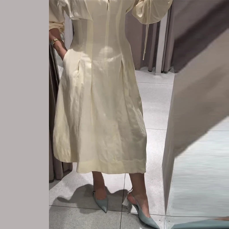 Casual Cotton Midi Dress Women O Neck Lace Up Lantern Sleeves Slim Waist A Line Robe Female 2026 Summer New Chic Solid Dresses