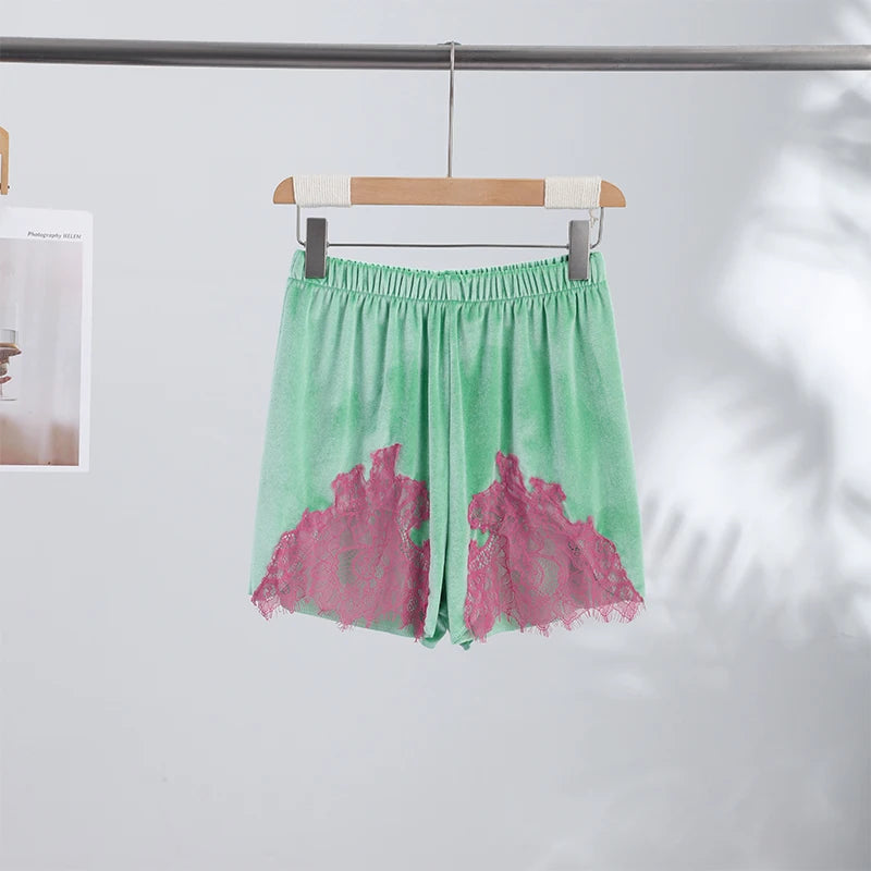 Lace Splicing Velvet Women's Short Pants 2026 Summer New Loose Elastic Waist High-waisted Mini Shorts Female Fashion Streetwear