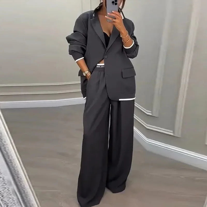 Casual Women's Suit Set Autumn Sexy Turn down Collar Button Blazer & Straight-leg Pants Set Winter Solid Long Sleeve Chic Outfit