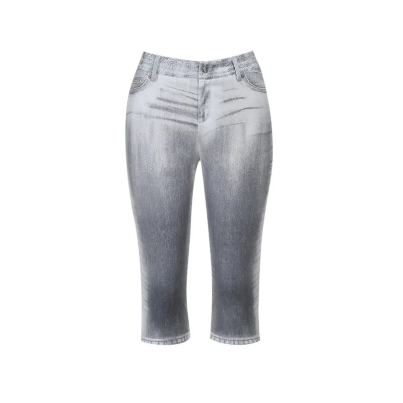 European and American Digital Printed Imitation Denim Six-point Pants 2026 Summer Vacation Beach Casual Pants