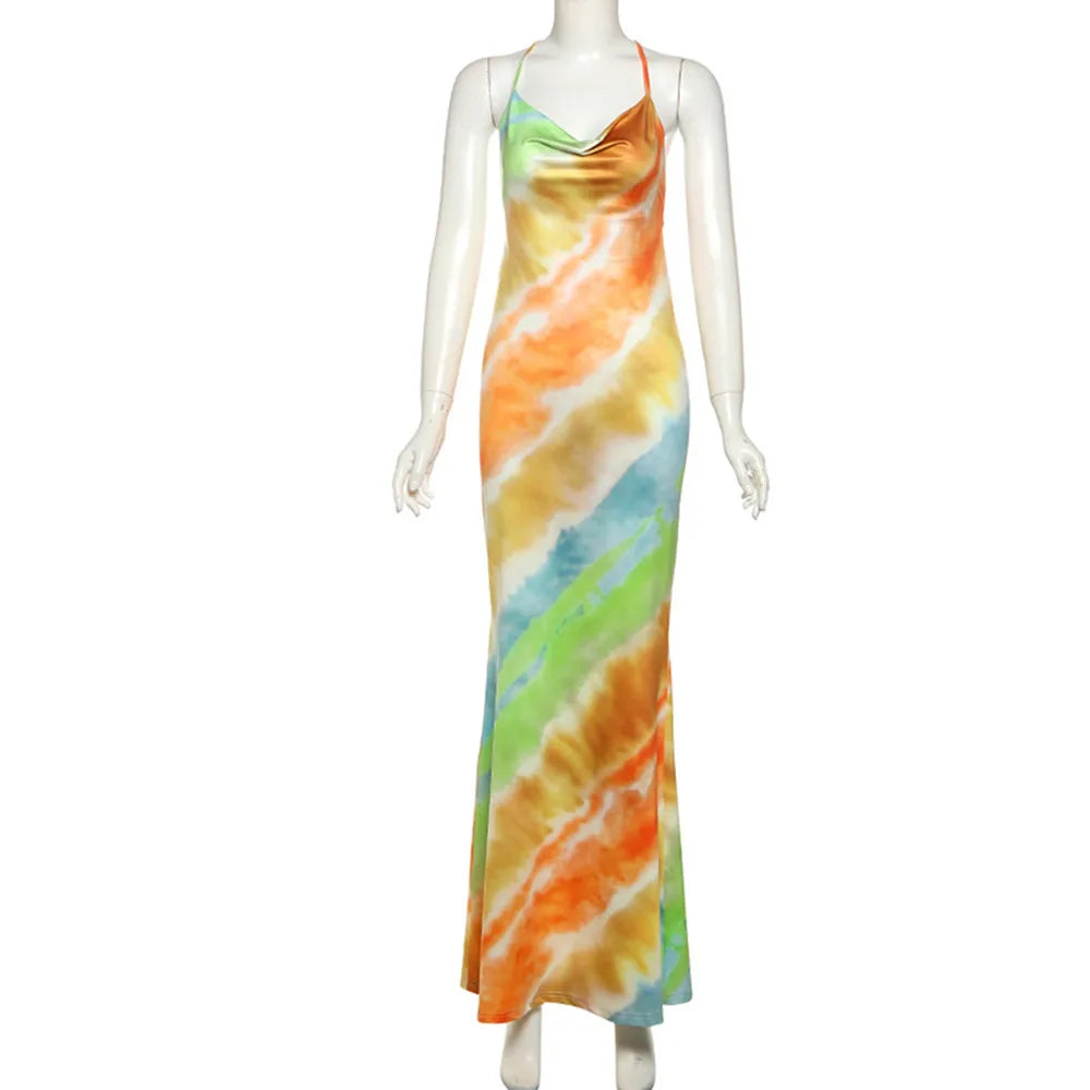SKMY Summer Women's New Fashionable Streetwear Sexy Low Cut Slim Fit Halter Neck Backless Dress Printed Party Long Dresses