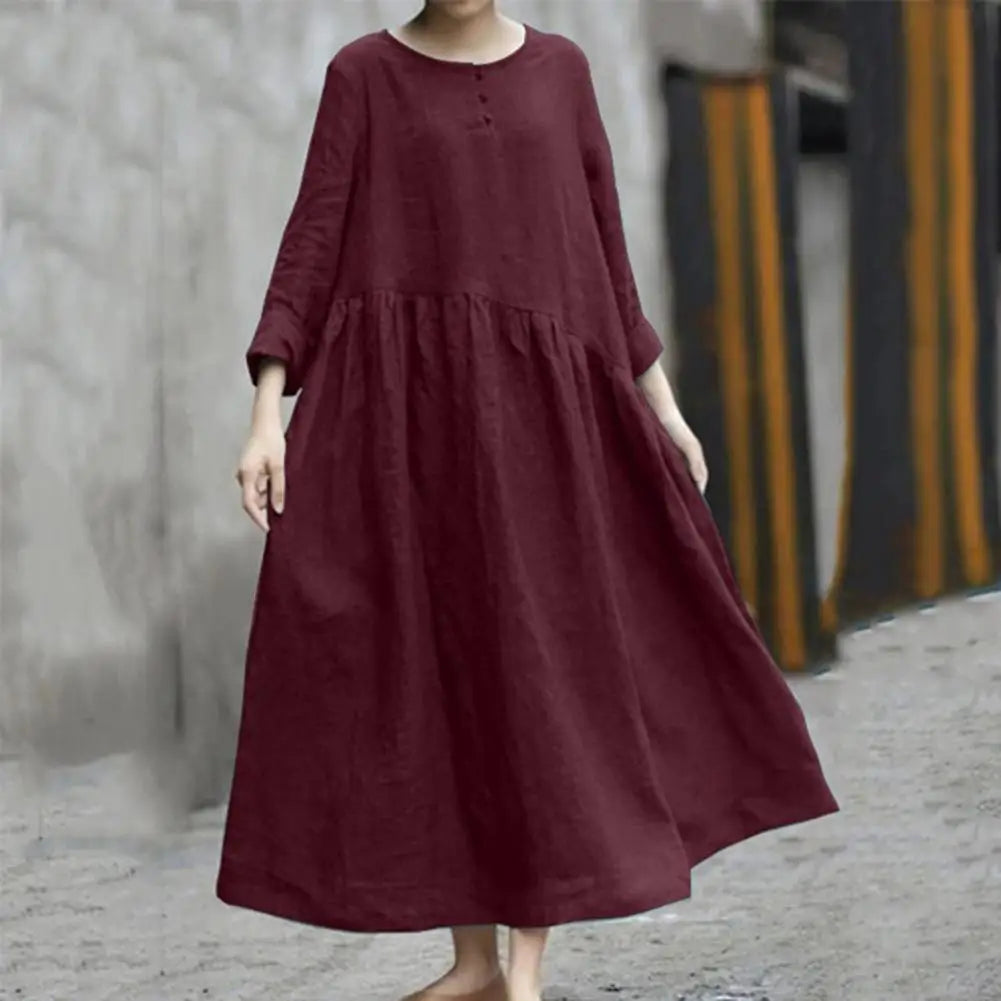 Women's Cotton Linen Maxi Dress Long Sleeve Button Up Crewneck Long Dress with Pockets Plus Size Casual Flowy Beach Sundress