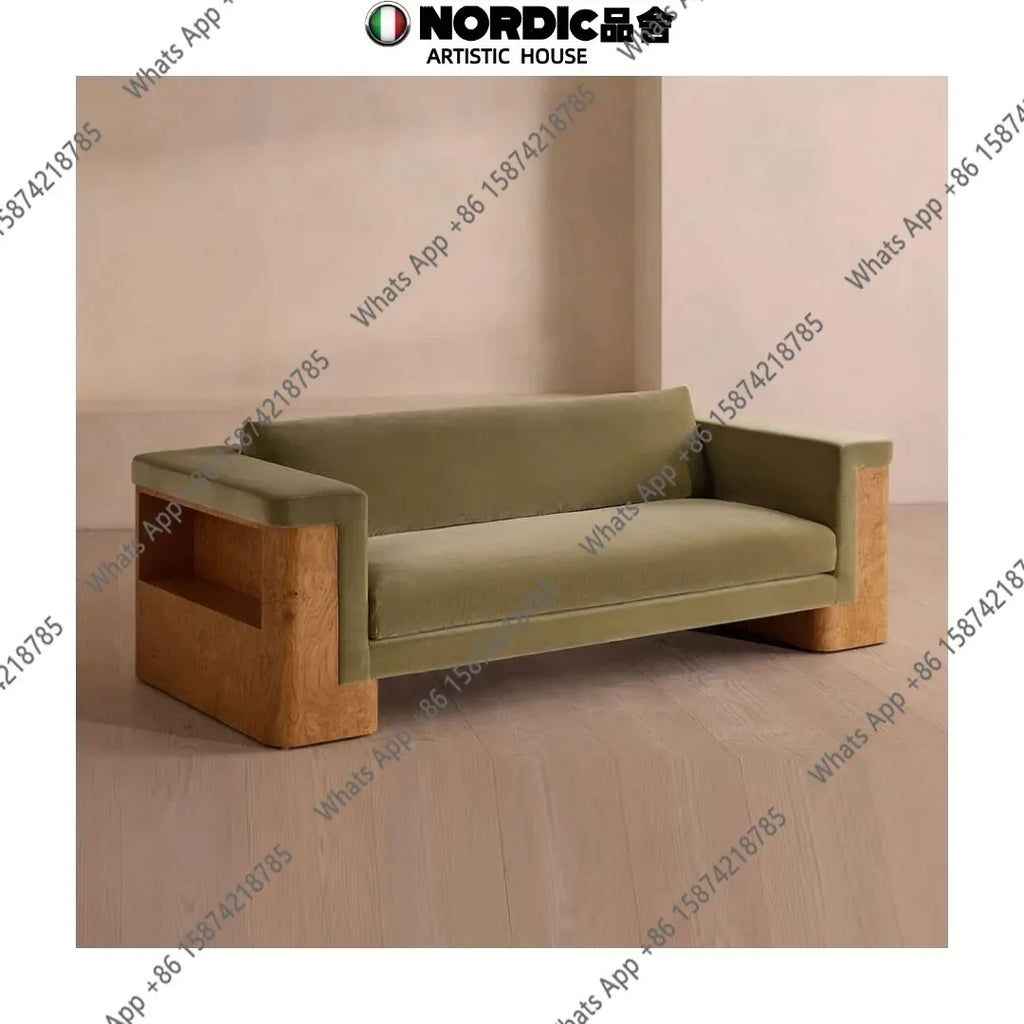 05 Medieval Style Designer Solid Wood Tree Rut Straight Row Sofa Wabi Sandy Wind Fabric Sofa American Country