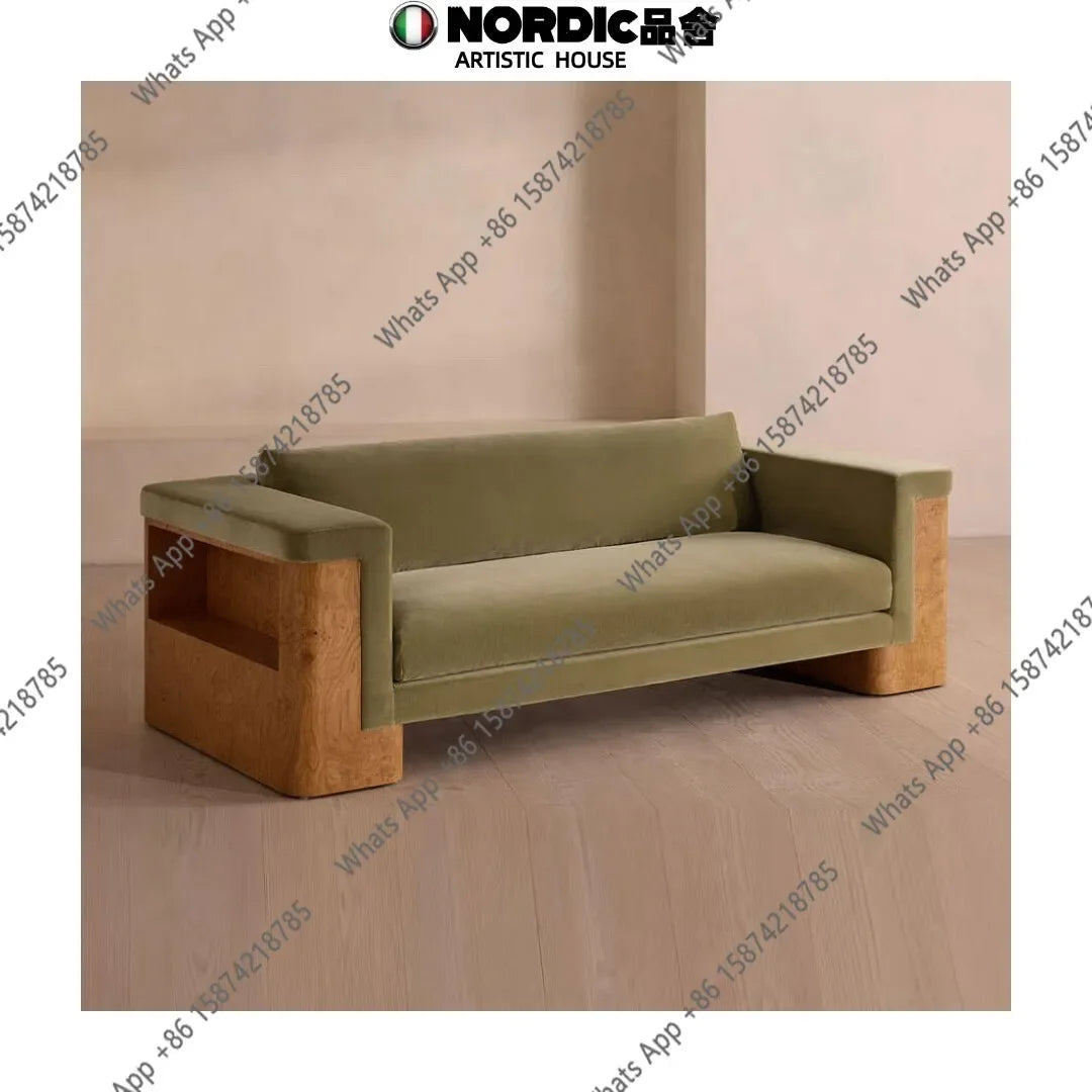05 Medieval Style Designer Solid Wood Tree Rut Straight Row Sofa Wabi Sandy Wind Fabric Sofa American Country