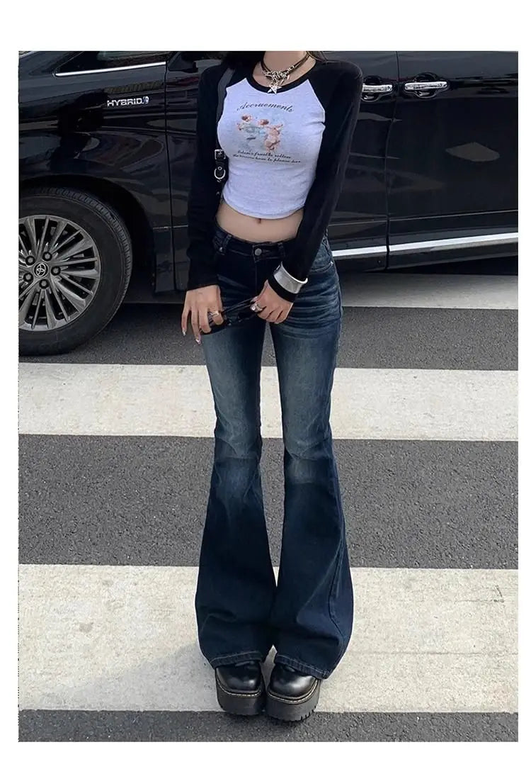 Y2K Slim Fit High Waist Casual Womens Jeans Retro Denim Pants Low Rise Flared Trousers Long Bootcut Drag Autumn for Women