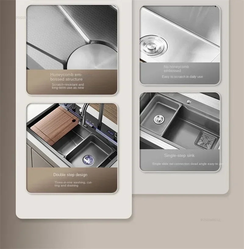 304 Stainless Steel Kitchen Sinks Large Single Bowl Nano Embossed Wash Basin Digital Display Modern Home Station