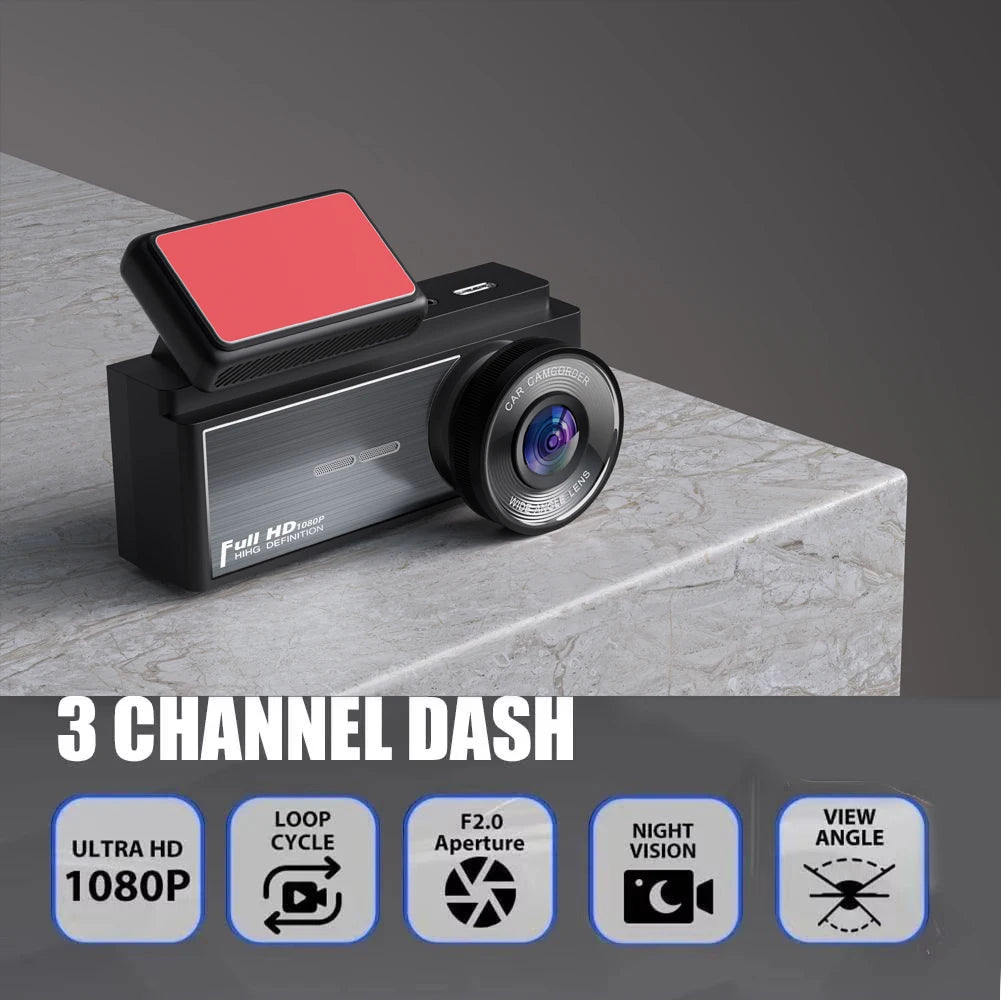 Three Camera Dash Camera, Front, Inside, and Rear Camera, Car Dash Cam, Wide Angle, HD Night Vision, Loop Recording, Car DVR