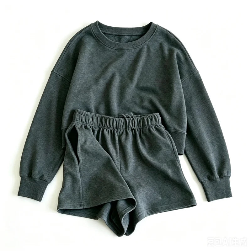 spring summer Womens suit Round neck long sleeve Sweatshirt Two Piece Set Casual Sweatshirt+shorts suit Daily Womens Tracksuit