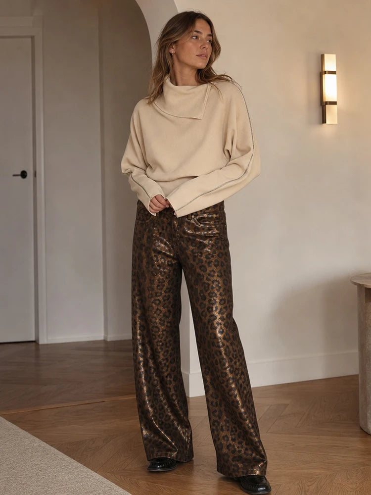 Leopard Print Luster Wide Leg Pants Vintage High Waist Straight Trousers 2026 New Casual Club Daily Street Women's Bottom