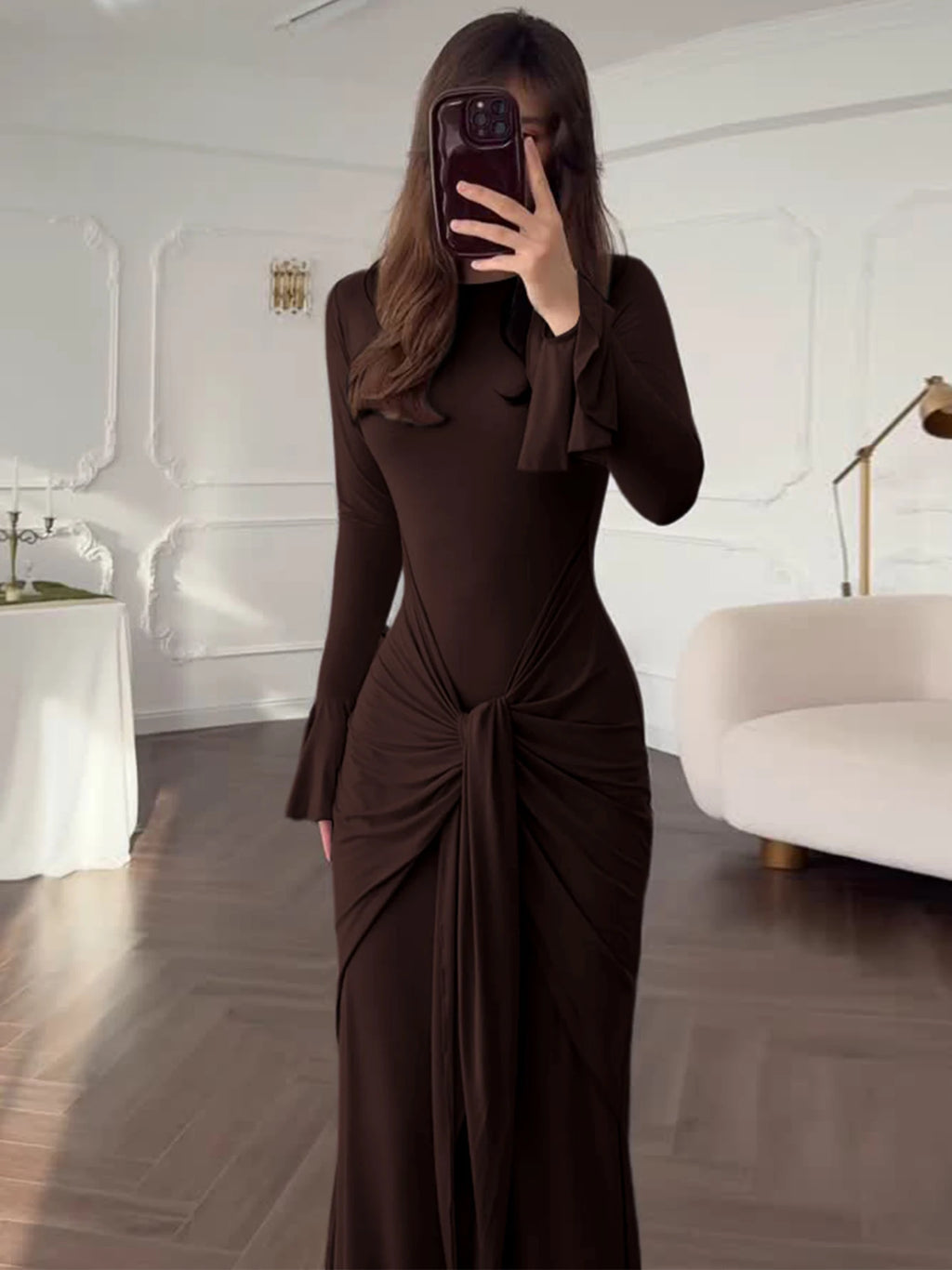 Dulzura O-Neck Long Flare Sleeve Ruched Lace Up Slim Long Dress Women'S Fashion Elegant Clothes Party Club Street Autumn Outfit