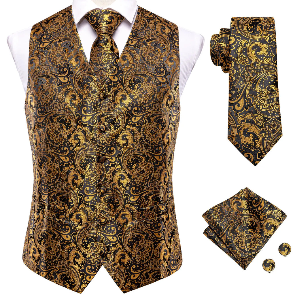 Hi-Tie Silk Mens Waistcoat Tie Set Gold Brown Orange Beige Ivory Khaki Bronze Sleeveless Jacket Suit Vest Necktie Hanky Cufflink