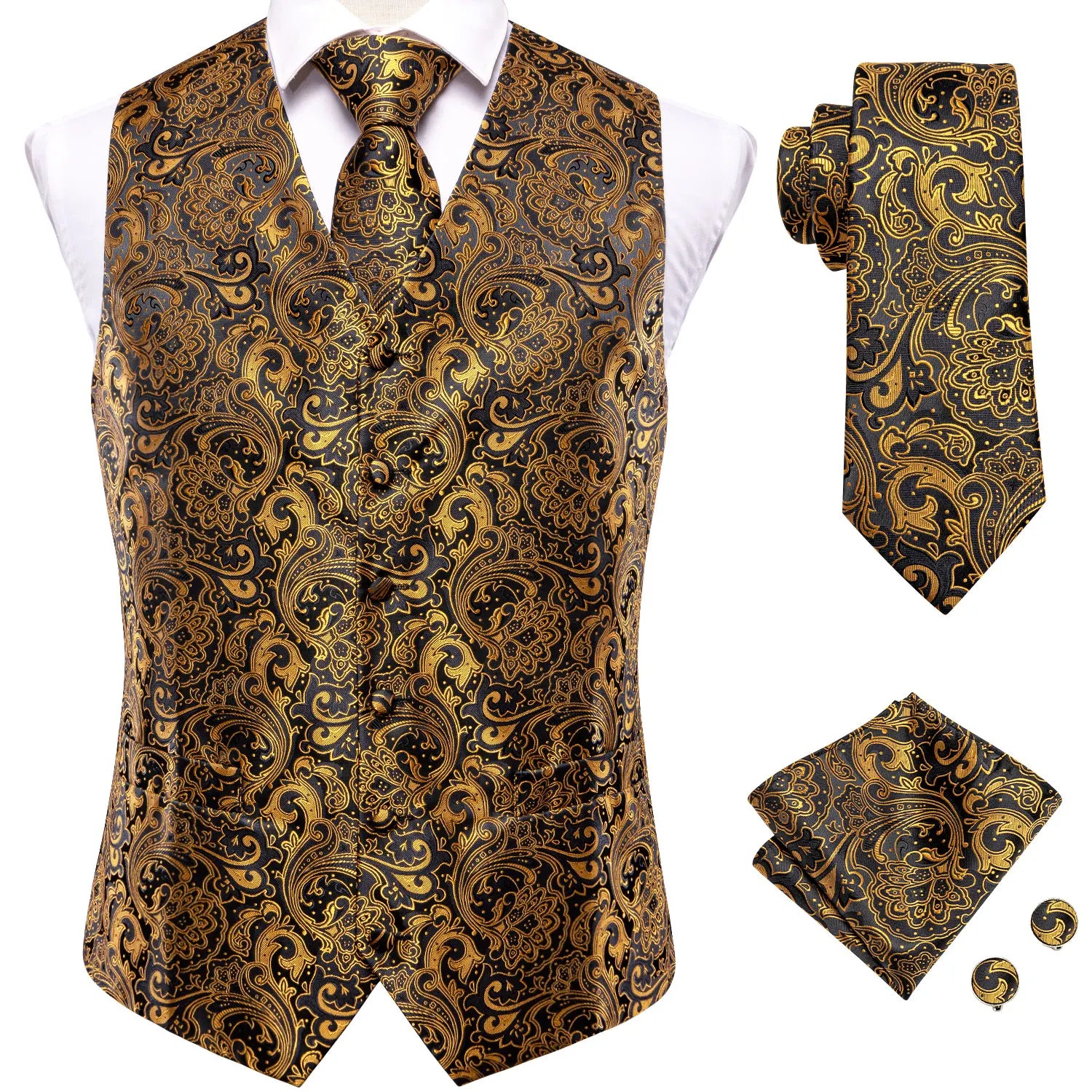 Hi-Tie Silk Mens Waistcoat Tie Set Gold Brown Orange Beige Ivory Khaki Bronze Sleeveless Jacket Suit Vest Necktie Hanky Cufflink