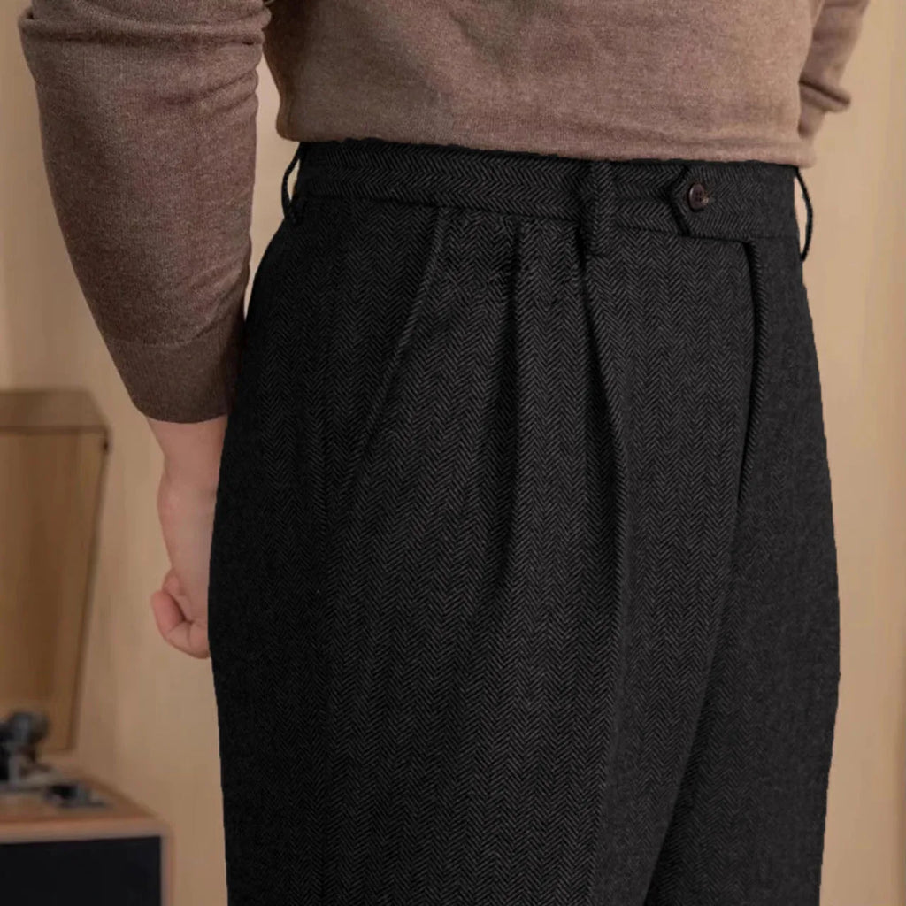 Italian Vintage Suit Pant For Men Autumn Winter Wool Herringbone Pattern Straight Trousers British Style Business Casual Pants