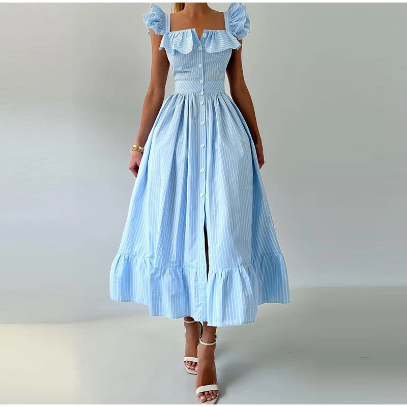 Fashionable Striped Ruffle Pleated Women's Dress Elegant Solid Square Neck Single Button Dresses Female Summer Chic Casual