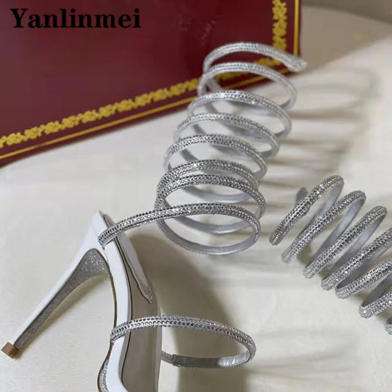 New Runway High Heels Sandals Women Crystal Decoration Ankle Strap Stiletto Shoes Woman Narrow Strap Gladiator Sandals Woman