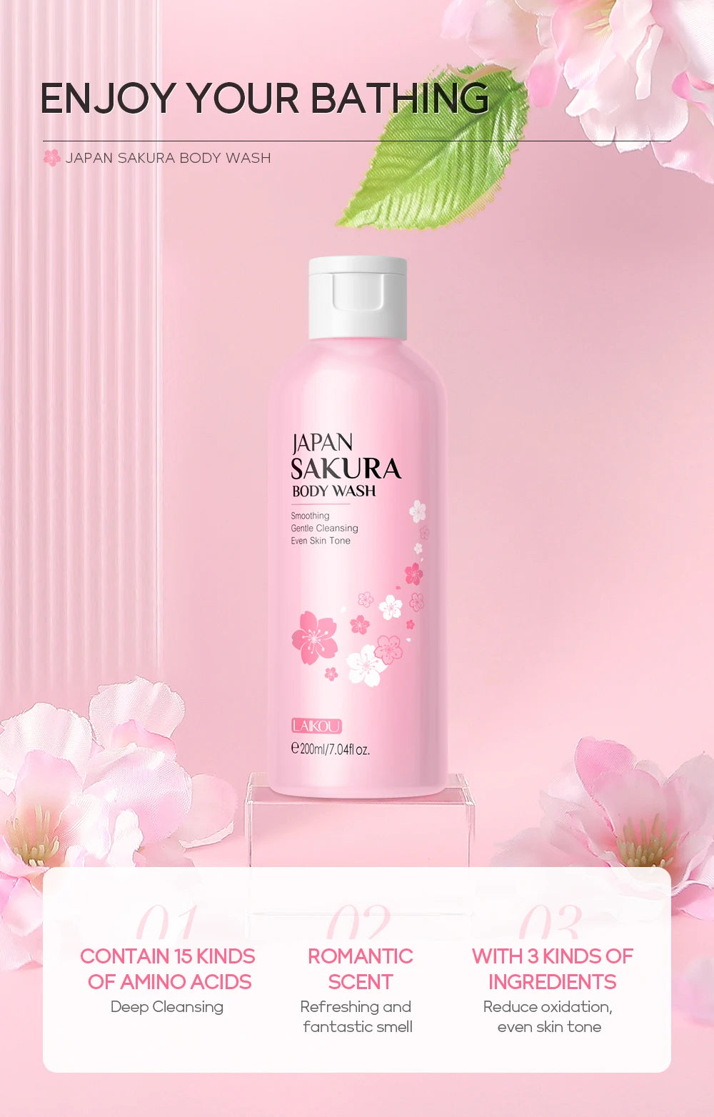 LAIKOU Japan Sakura Body Wash Gentle Cleanser Smoothing Shower Gel Skin Brightening Treatment Amino Acid Formula