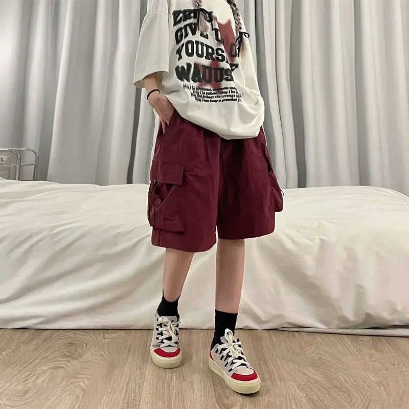 Women High Waist Cargo Shorts American Style Streetwear Summer Wide Leg Pants Fashion Female Big Pocket Loose Shorts