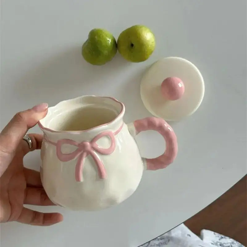 Cute Pink Relief Bow Ceramics Mug Cups Coffee Milk Drinks Ceramics Handle   Cup with Box Girls  Gift
