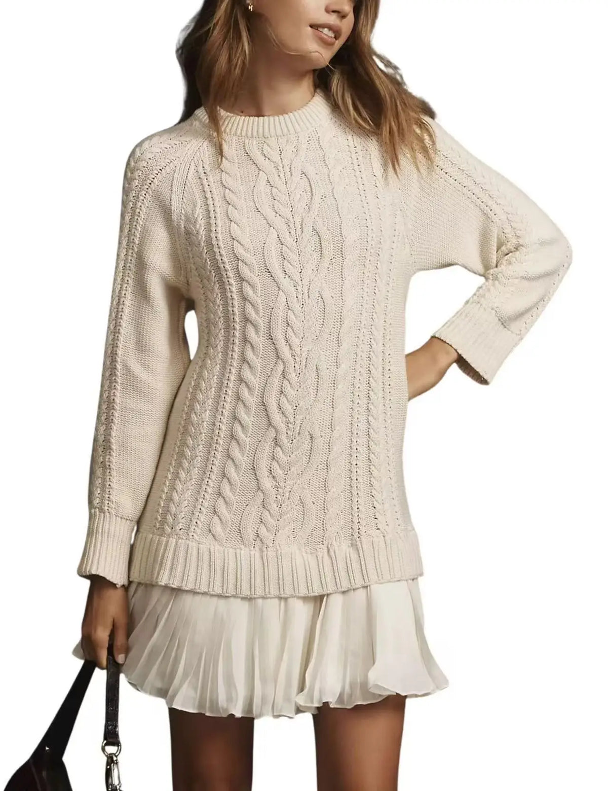 2025 Winter Long Sleeve Twist Knitted Sweater Dress Woman Ruffle Chiffon Pleated Dresses Fall Solid Warm A-Line Pullover Dress