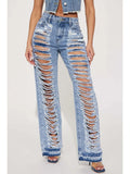 Fashion Ripped Jeans Summer Clothes Women 2024 High Waist Broken Holes Denim Trousers Streetwear Cutout Straight Leg Jean Pants