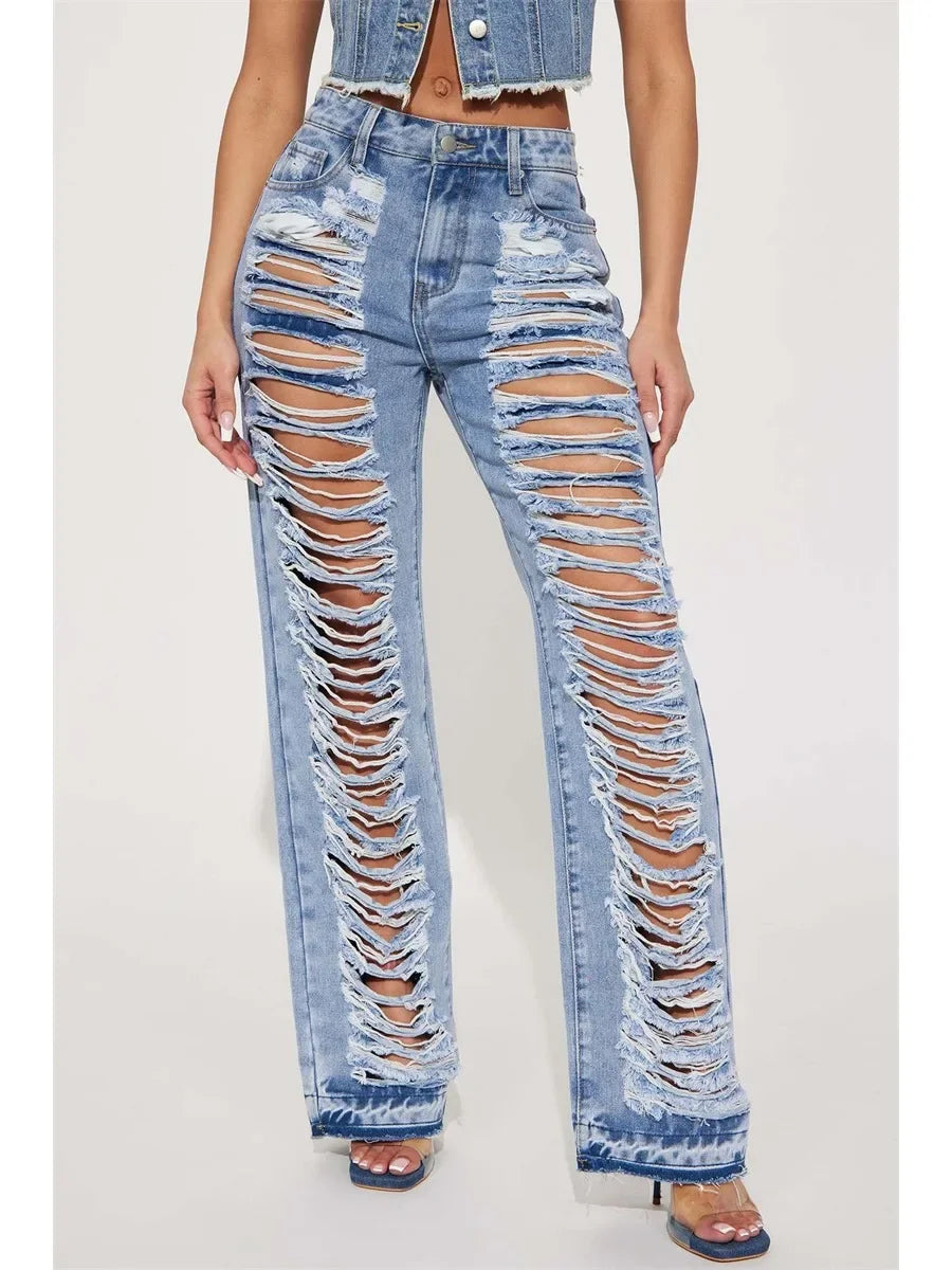 Fashion Ripped Jeans Summer Clothes Women 2024 High Waist Broken Holes Denim Trousers Streetwear Cutout Straight Leg Jean Pants