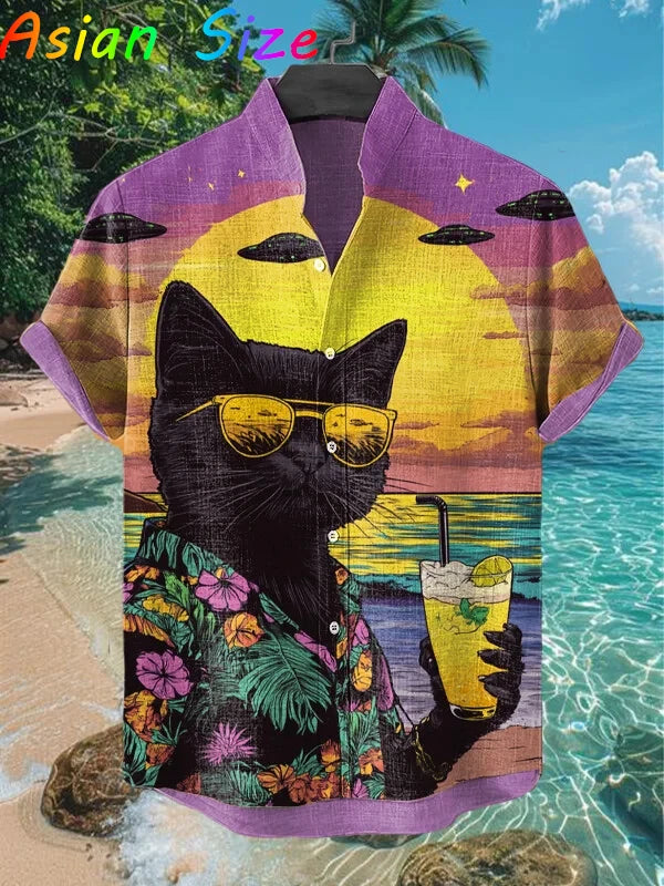 Funny Animal Cat Hawaiian Shirts Men Women Sunglass Raccoon Shirt New Button Down Tropical Beach Party 2026 Blouses Aloha Shirt