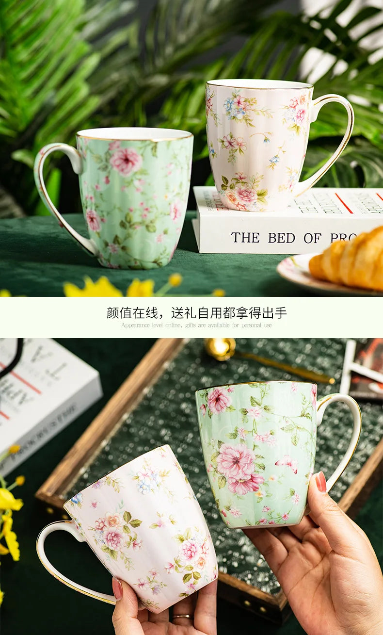 Ceramic Cup Creative Couple's Cup Vintage Flower Home Breakfast Milk Cup Office Afternoon Tea Coffee Water Mug Home Drinkware