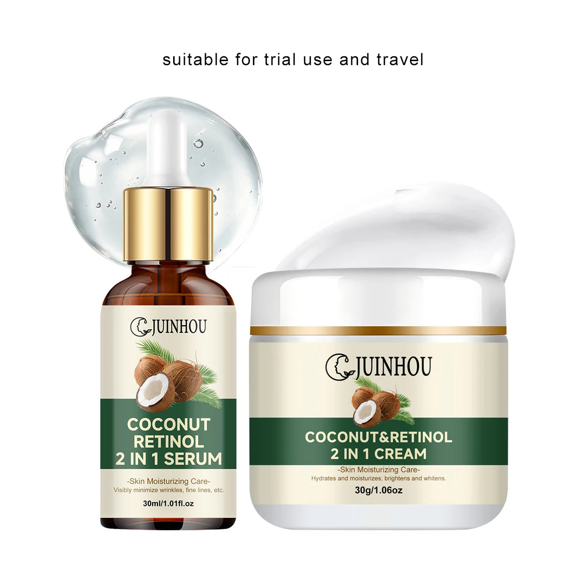 JUINHOU Coconut Oil Moisturizing Set Cream & Serum Controls Oil Hydrates Soothes Sun-Induced Redness Suitable For Daily Skincare