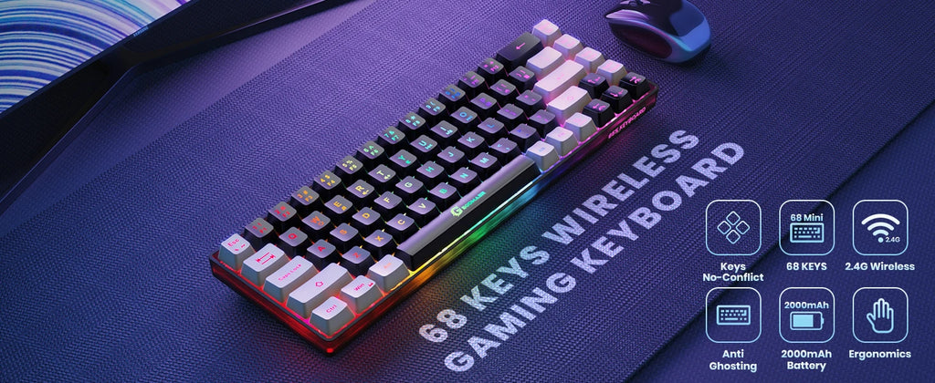 GEODMAER Wireless Gaming Keyboard Rechargeable Backlit Gaming Keyboard 68 Keys English/Spanish Layout 2.4G Keyboard for PC