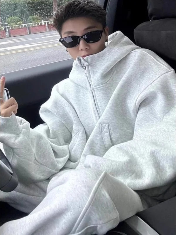 Men's Autumn Winter Hooded Open Cardigan Double Zipper Fleece Long Pants Sport Casual Two-Piece Set Versatile Polyester Fiber