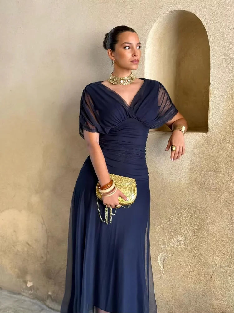 Women Solid Deep V-neck Mesh Long Dress Elegant Puff Short Sleeve Ruched Waist High Vestidos 2026 Summer Lady Casual Street Robe
