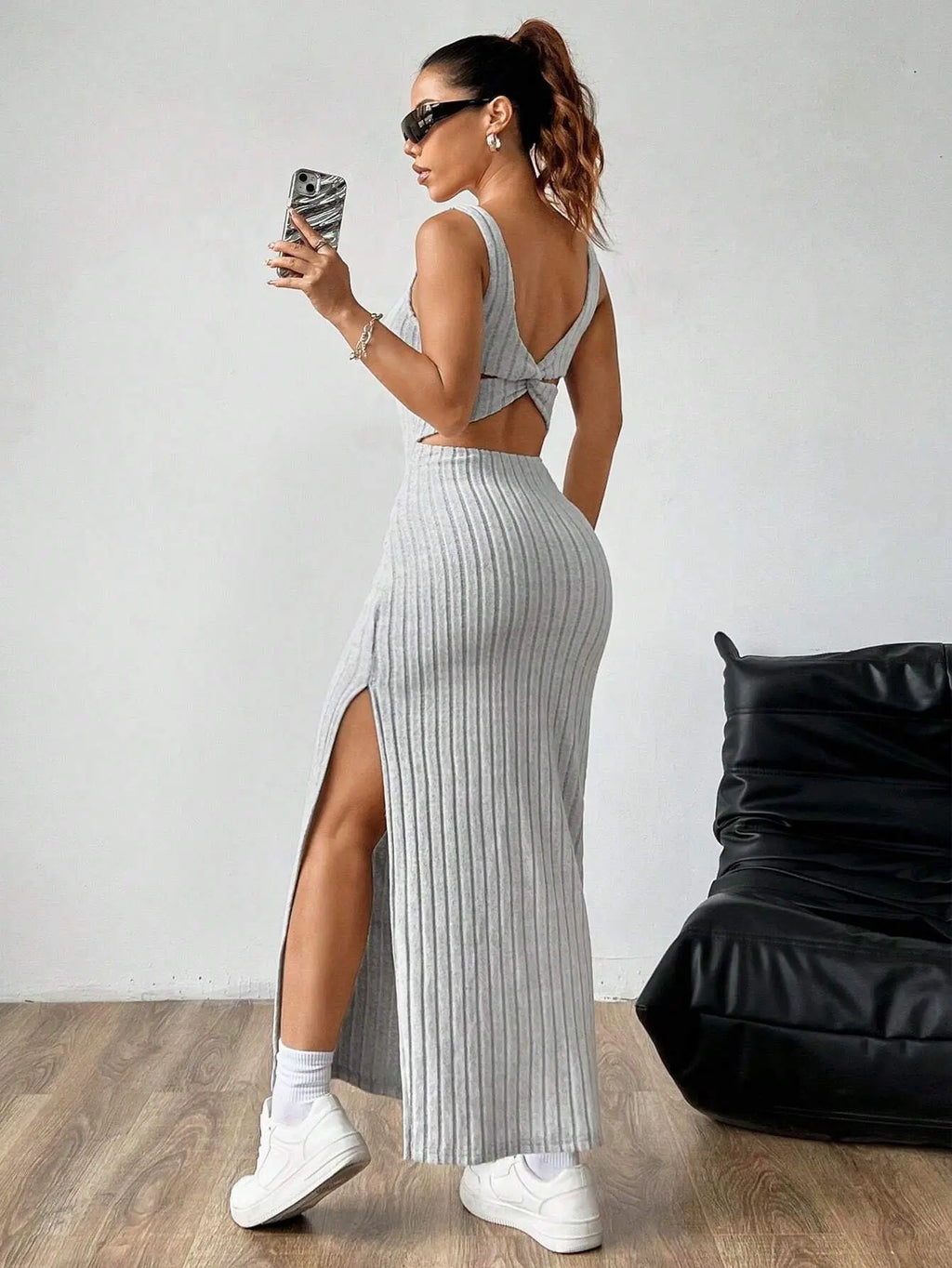 Elegant Slim Knitted Dresses Women New Sexy Hollow Out Backless Bodycon Long Dress Streetwear Fashion Casual Solid Lady Dress