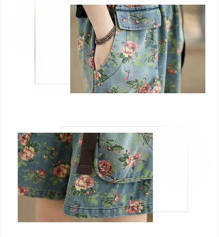 Retro Floral Printed Denim Wide-leg Shorts Women Summer Latest Fashion Baggy Big Size Girl Thin Elastic Waist Jean Short Pants