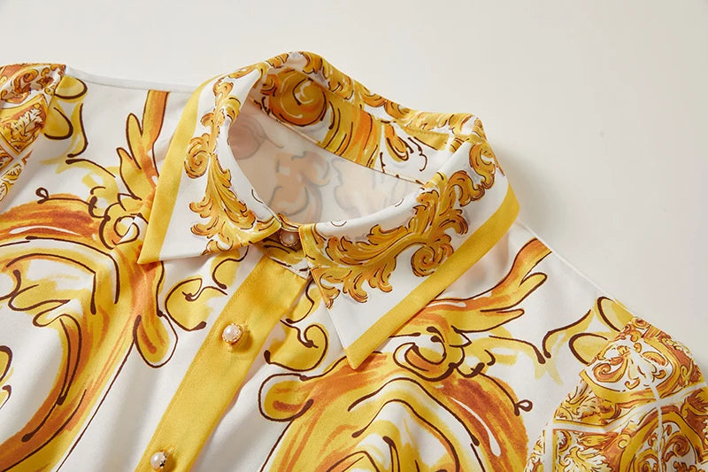 Summer Holiday Yellow Paisley Print Shirt Dresses Women's Turn Down Neck Short Sleeve Belt High Waist Beach Party Vestidos