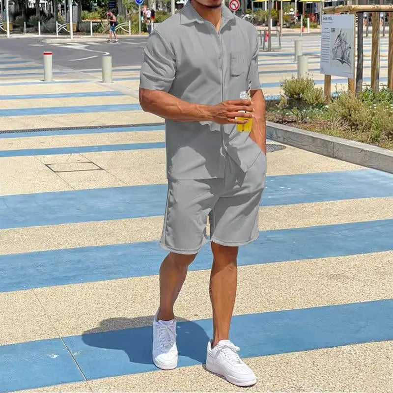 2026 Men's Summer Solid Casual Sets Comfy Cotton Linen Short Sleeve Lapel Shirt and Shorts Two Piece Sets Men Loose Sport Outfit