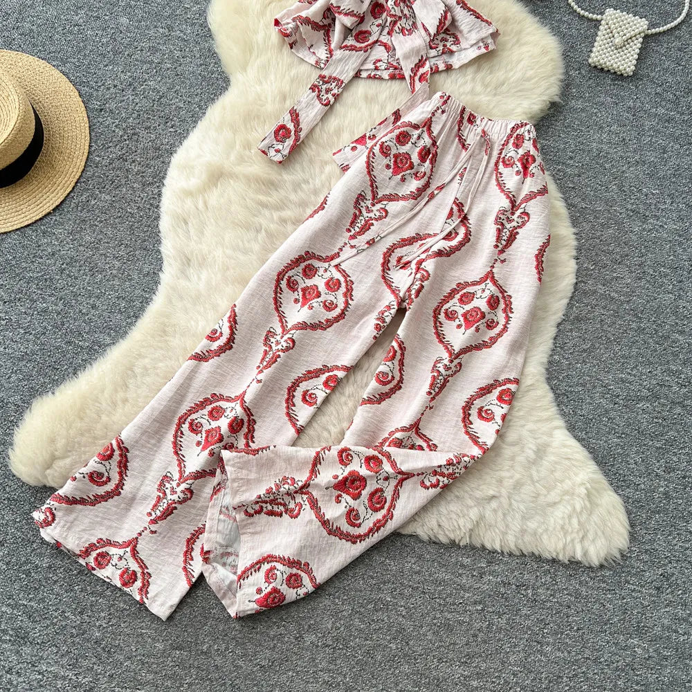 SINGREINY Boho Print Vacation Suits Summer 2026 Sleeveless Lace Up Tank Top+Loose Wide Leg Pant Chic Lazy Casual Women 2pcs Sets