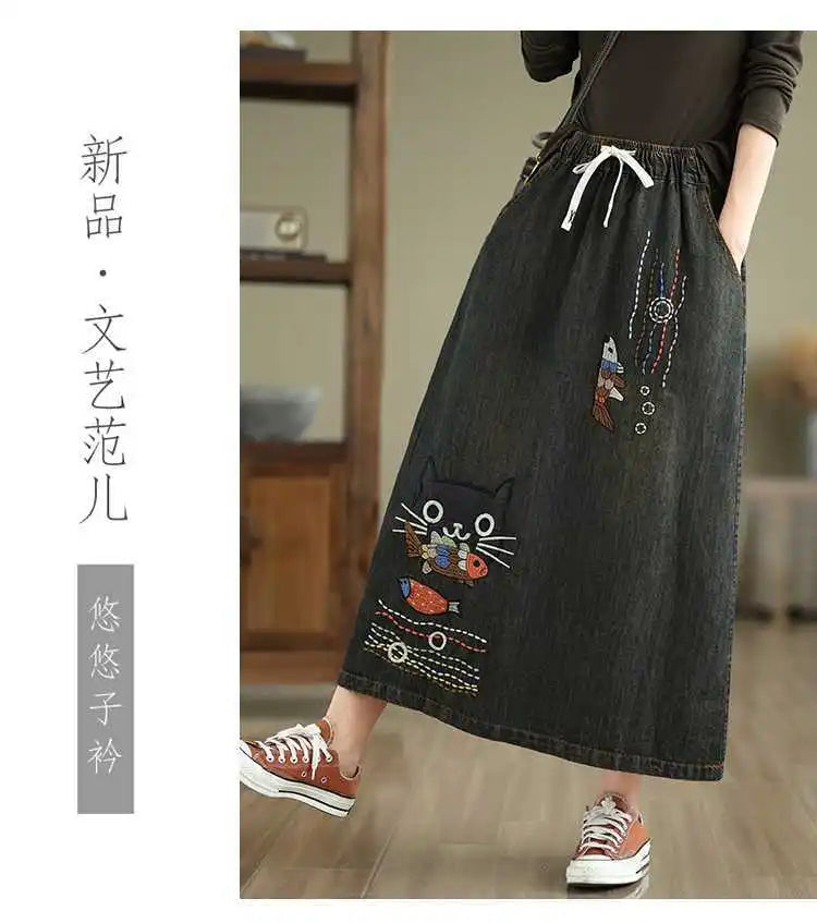 2026 Women's Denim Skirts Retro Cartoon Animal Embroidery Casual Half Skirts Spring Summer High Waist Fashion Loose Midi Skirts