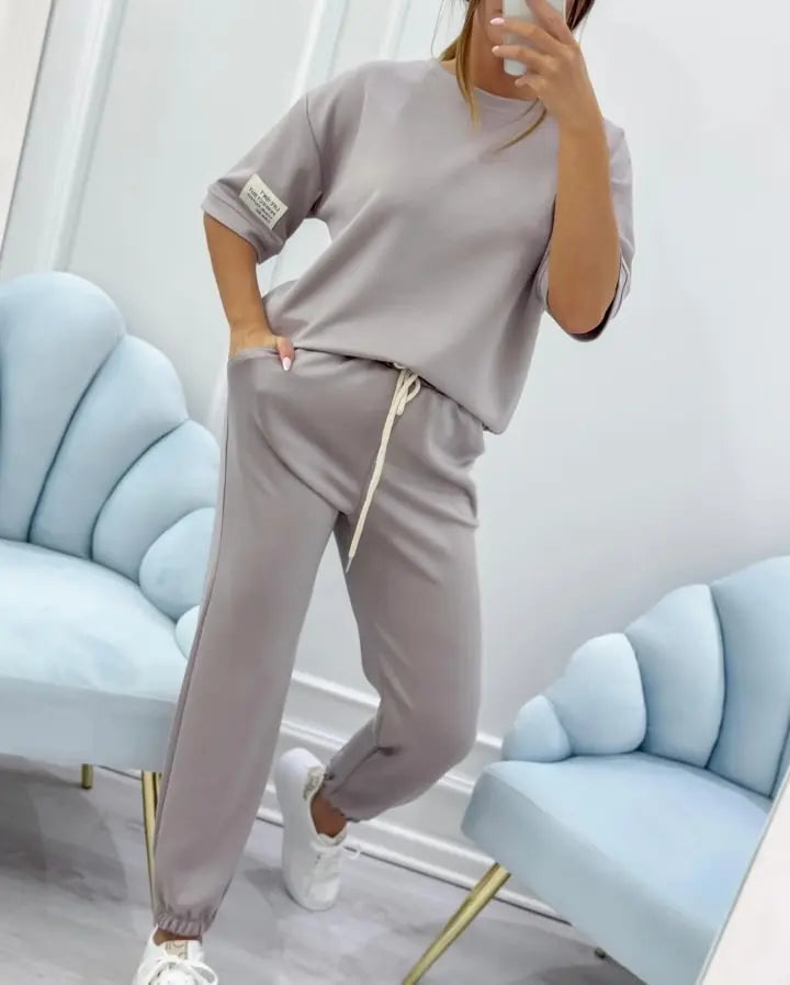 Fashion O Neck Short Sleeve Solid Color T-shirt Women Trousers 2-piece Set Summer Casual Sports Elastic Small Feet Trousers Suit