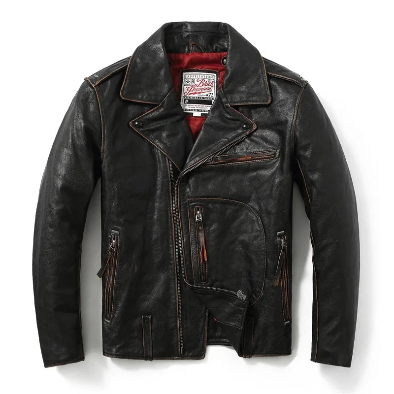 Retro Black Winter Leather Jacket Men Vintage Style Plus Size 5XL Genuine Natural Thick Cowhide Diagonal Zipper Leather Coat