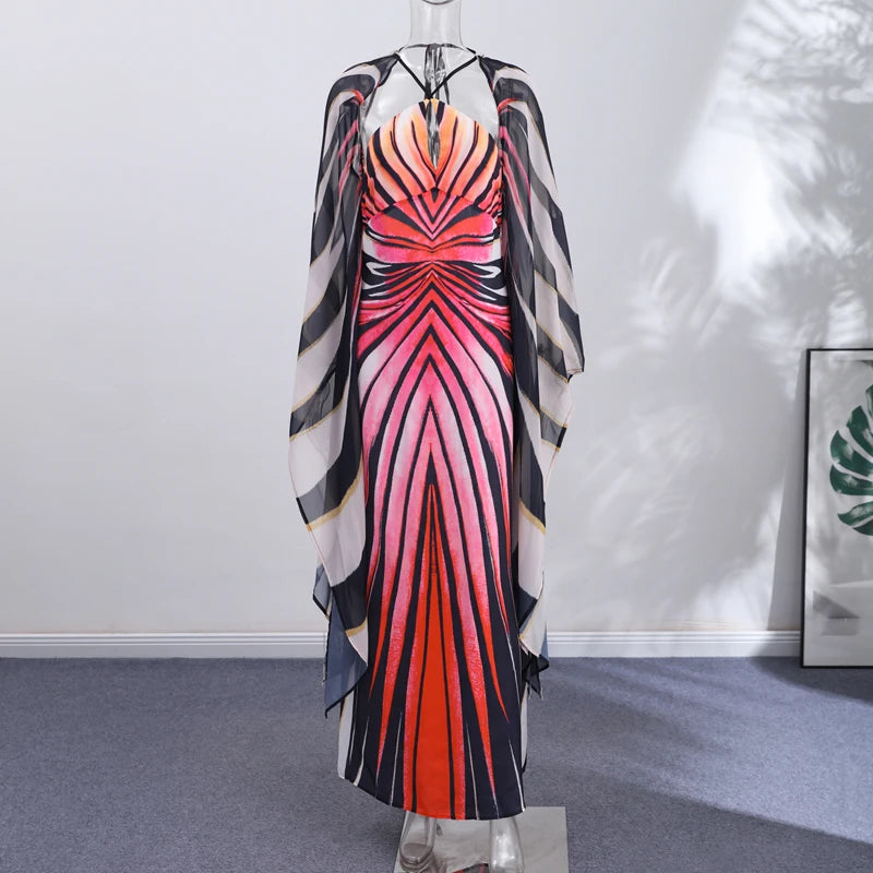 Printed Batwing Sleeve Halter Party Dress Women's Sexy Backless Full Sleeved Maxi Dresses 2026 Autumn Lady Evening Gown