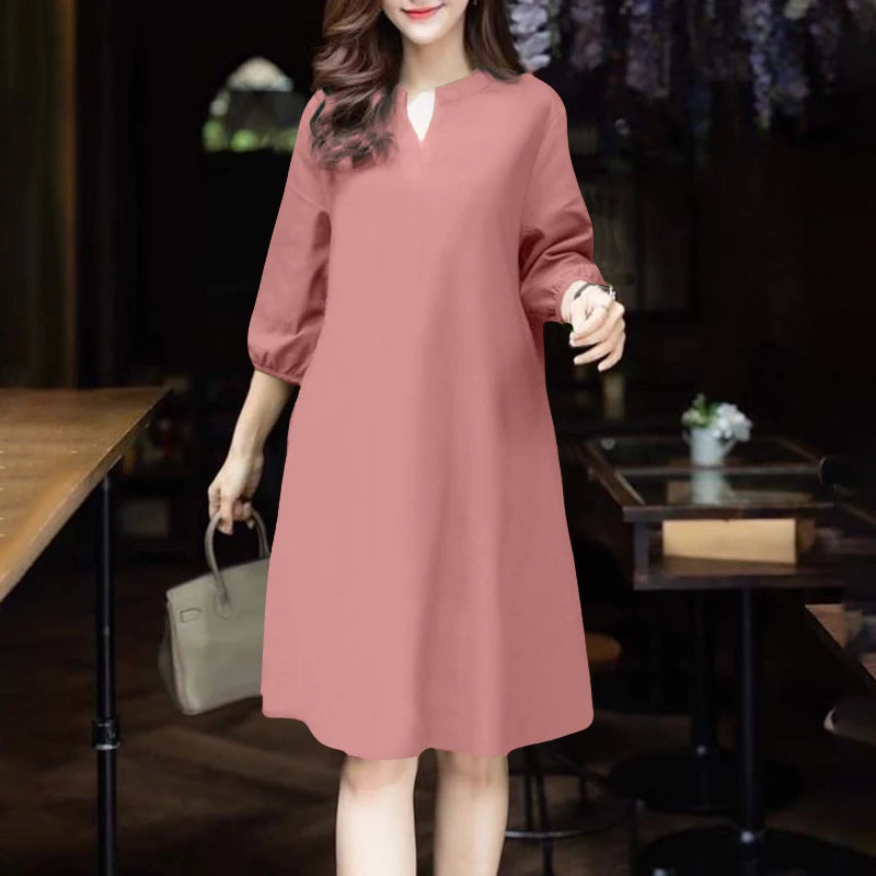 2025 ZANZEA Fashion Women V Neck 3/4 Sleeve Dress Autumn Sundress Elegant Solid OL Work Dresses Casual A Line Loose Vestido Robe