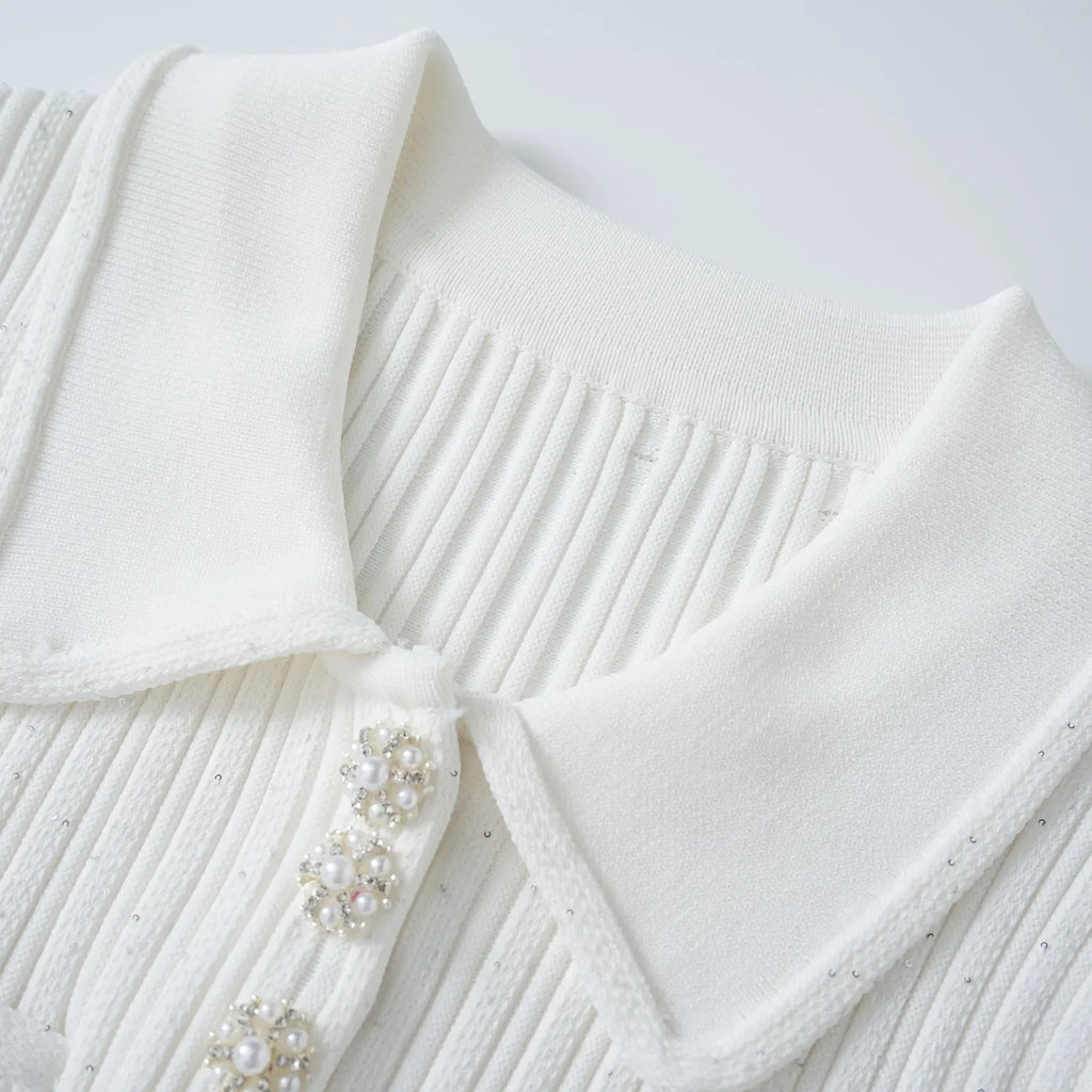 Brand Designer Polo Knitted Dress Women Summer Short Sleeve Single Breasted Flower Button Knitting Sweater Mini Dresses