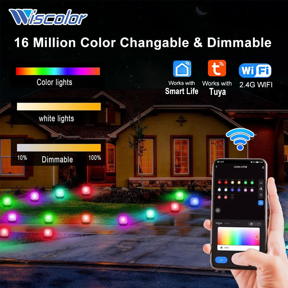 Wiscolor Smart Wifi RGB Lawn Light 30M 30Bulbs IP65 Outdoor Ground LED Light APP Control for Garden Lawn Courtyard