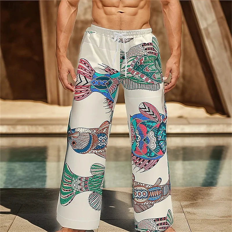 Summer Men's Beach Shorts Relaxed Fit Drawstring Casual Pants 3D Printed Geometric Pattern Breathable Wide-Leg Pants
