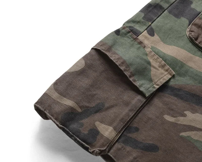 Euro-American High Street RO-Style Drawstring Distressed Camo Cargo Shorts - Multi-Pocket Tactical Utility Shorts with Pockets