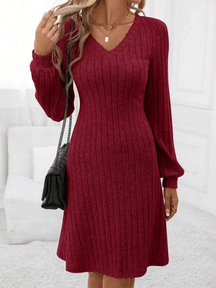 Spring 2026 Commuter Style Fleece Dress High Waist Slim Fit Midi Skirt Women's V-neck Long Sleeve Polyester Knitted Dress