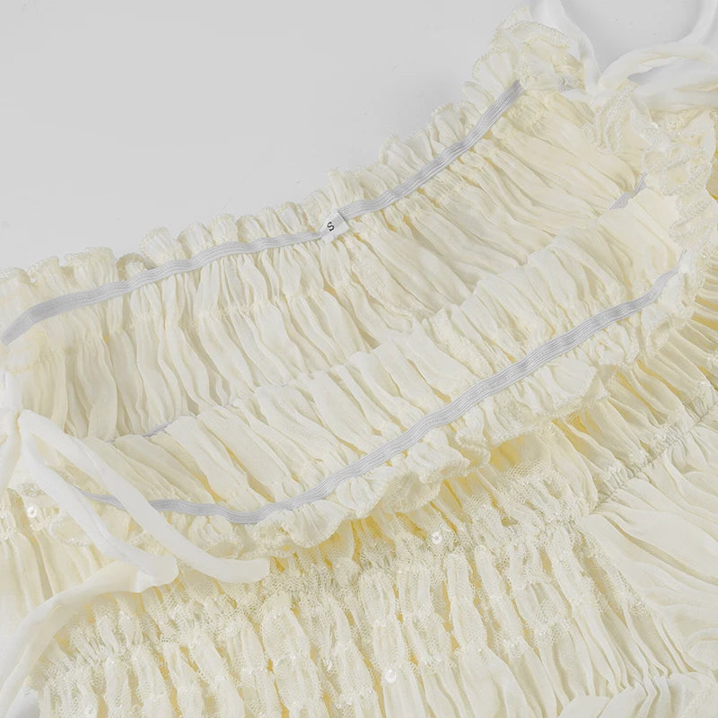 SUCHCUTE Beige Folds Textured Chiffon Shorts Women Summer Elastic Waist Bottoms All Match Casual Shorts Grunge Fairycore 2026