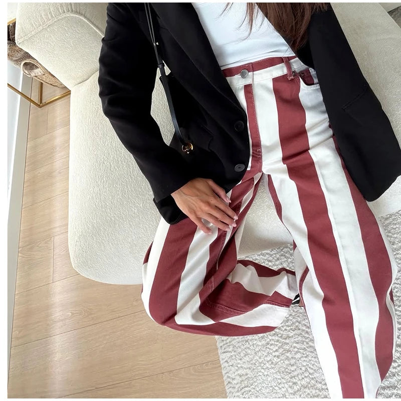 Women Striped Trousers Curved Knife Jeans  High Waist Contrasting Color Loose Versatile Casual Long Pants Women's Aladdin Pants