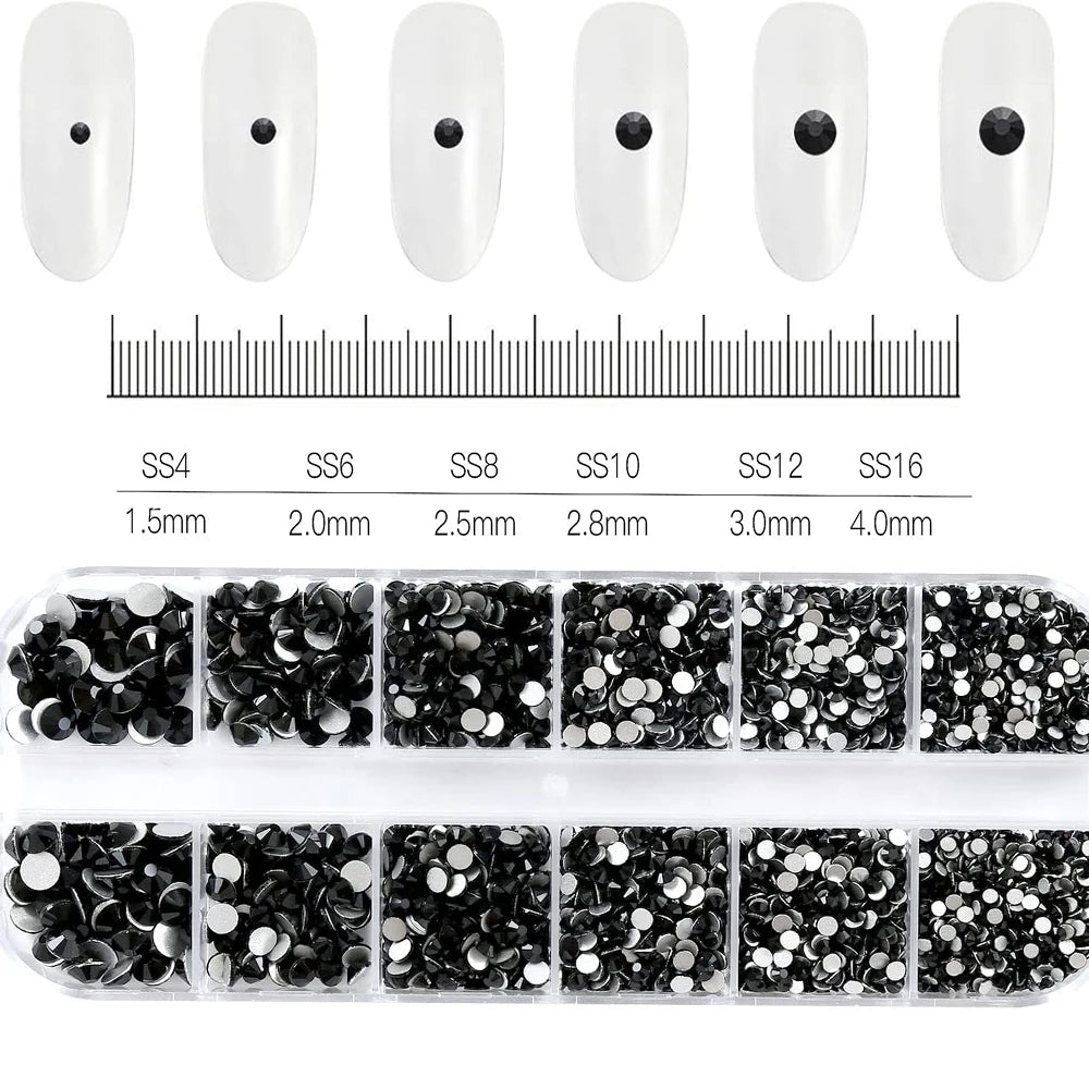 12Grid/1500PCS Shiny Crystal Nail Art Rhinestones SS4-16 Silver 3D Flatback Semicircler Nail Charms Gemstones for DIY Decoration